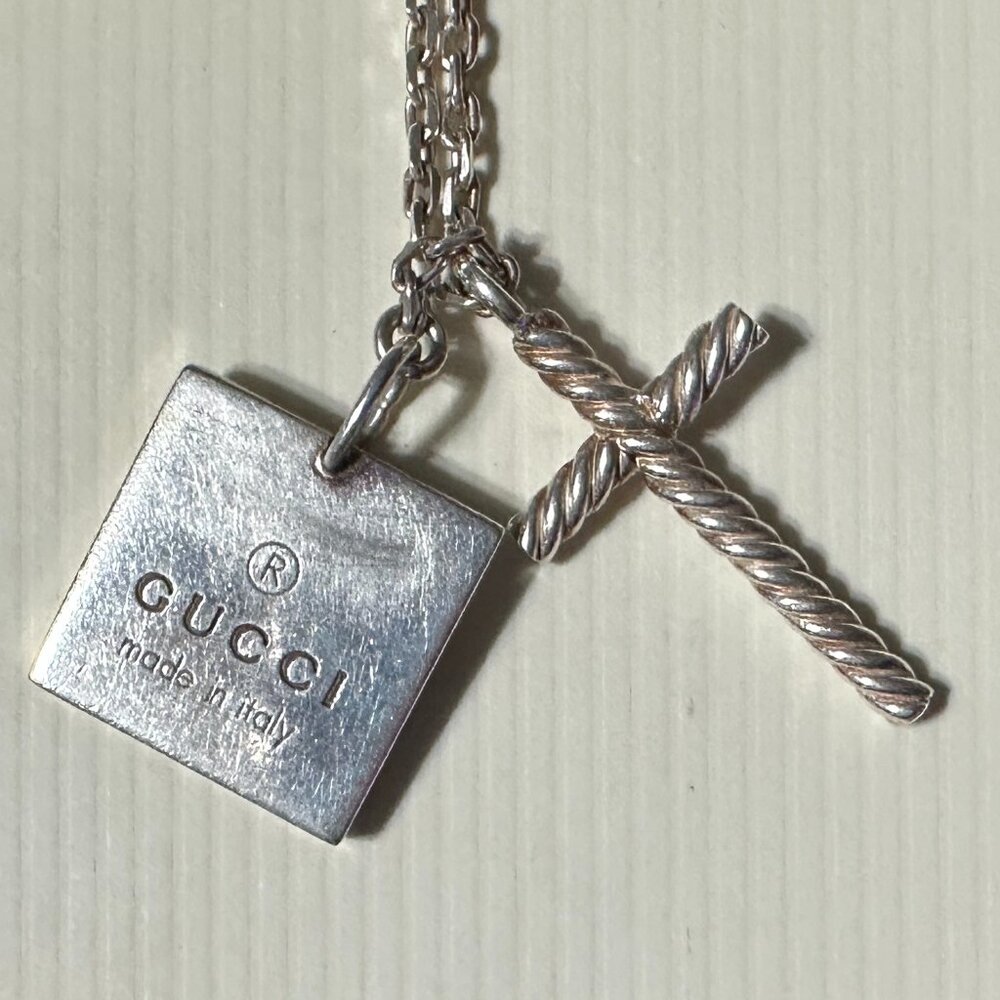 Gucci Necklace Trademark Pendant Square Cross Silver Link Chain Sterling - Picture 3 of 6